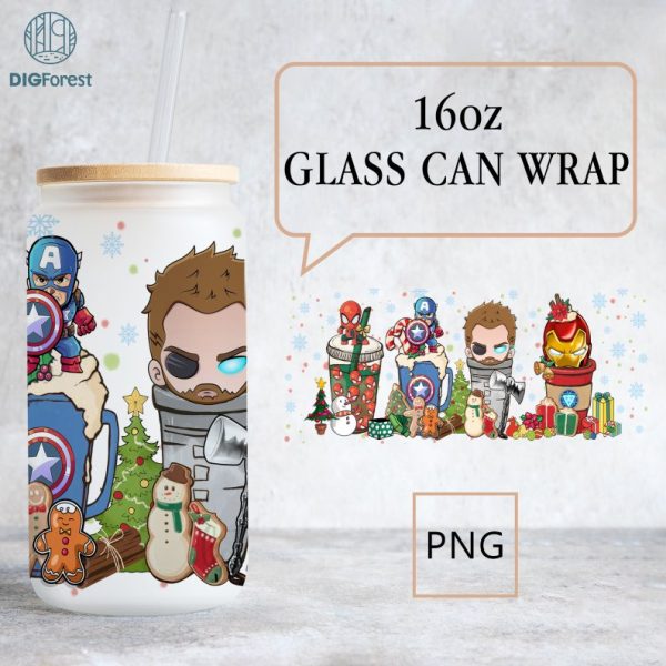 Avengers Christmas 16 oz Libbey Glass Can Wrap Png, 16oz Glass Can Sublimation Png, Christmas Coffee Latte Png, Christmas Xmas Gift
