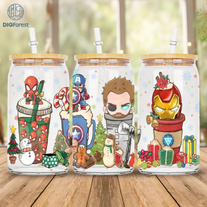 Avengers Christmas 16 oz Libbey Glass Can Wrap Png, 16oz Glass Can Sublimation Png, Christmas Coffee Latte Png, Christmas Xmas Gift