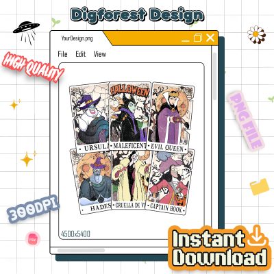 Disney Villains Tarot Card Halloween PNG – Floral Villains PNG, Witches PNG, Retro Halloween PNG, Halloween Sublimation PNG