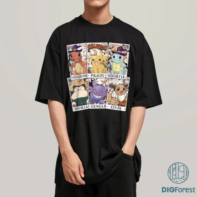 Pocket Monster Tarot Card Halloween Shirt - Pikachu Eevee Snorlax Squirtle, Anime Halloween Outfit, Spooky Season