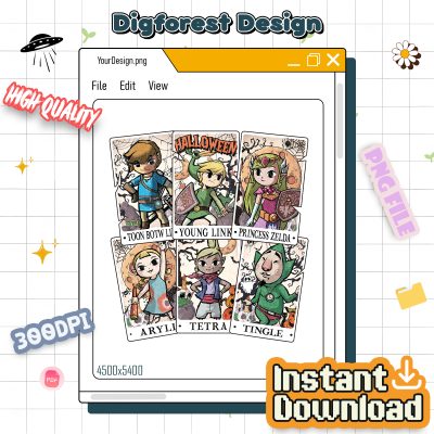 Legend Of Zelda Tarot Card Halloween PNG – Triforce PNG, Hylian Crest PNG, Korok Plant Lineart PNG, Zelda Halloween Family