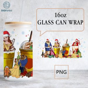 Disney Beauty and the Beast Christmas 16 oz Libbey Glass Can Wrap Png, 16oz Glass Can Sublimation Png, Princess Coffee Latte Png, Christmas Gift