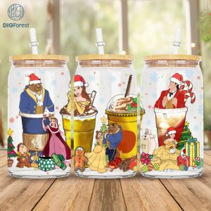 Disney Beauty and the Beast Christmas 16 oz Libbey Glass Can Wrap Png, 16oz Glass Can Sublimation Png, Princess Coffee Latte Png, Christmas Gift