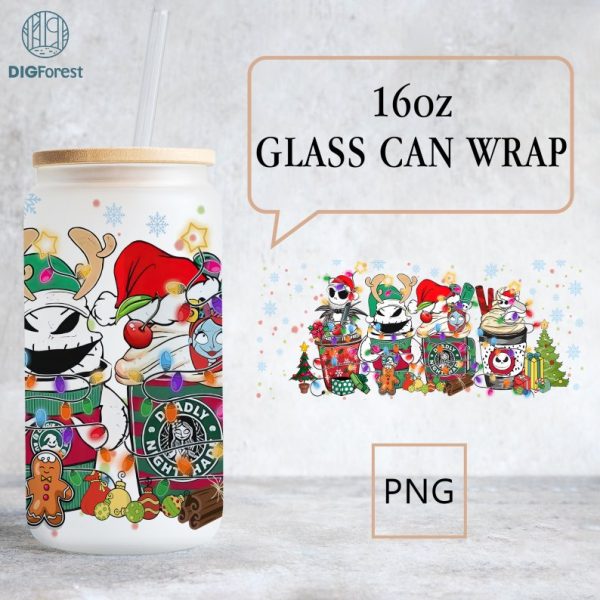Disney Nightmare Before Christmas 16 oz Libbey Glass Can Wrap Png, 16oz Glass Can Sublimation Png, Jack And Sally Coffee Latte Png, Christmas Gift