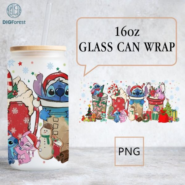 Disney Stitch and Angel Christmas 16 oz Libbey Glass Can Wrap Png, 16oz Glass Can Sublimation Png, Stitch Christmas Coffee Latte Png Christmas Gift