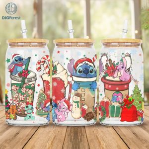 Disney Stitch and Angel Christmas 16 oz Libbey Glass Can Wrap Png, 16oz Glass Can Sublimation Png, Stitch Christmas Coffee Latte Png Christmas Gift