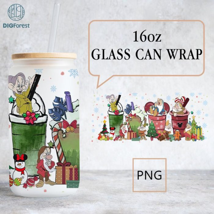 Disney Christmas 16 oz Libbey Glass Can Wrap Snow White & Seven Dwarfs Png, 16oz Glass Can Sublimation Png, Snow White Christmas Coffee Latte Png