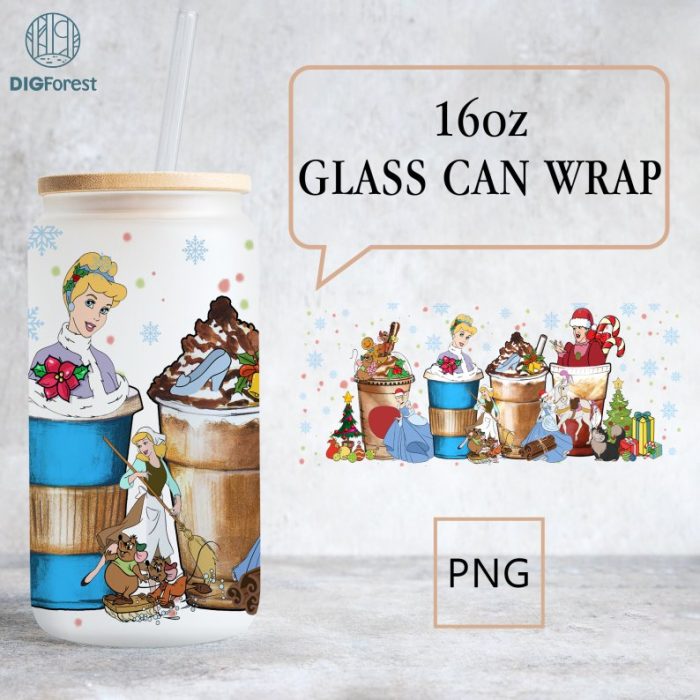 Disney Cinderella Christmas 16 oz Libbey Glass Can Wrap Png, 16oz Glass Can Sublimation Png, Cinderella Princess Christmas Coffee Latte Png Design