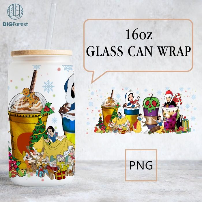 Disney 16 oz Libbey Glass Can Wrap Snow White & Seven Dwarfs Christmas Png, 16oz Glass Can Sublimation Png, Snow White Princess Coffee Latte Png