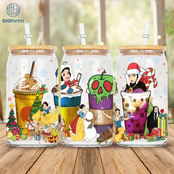 Disney 16 oz Libbey Glass Can Wrap Snow White & Seven Dwarfs Christmas Png, 16oz Glass Can Sublimation Png, Snow White Princess Coffee Latte Png