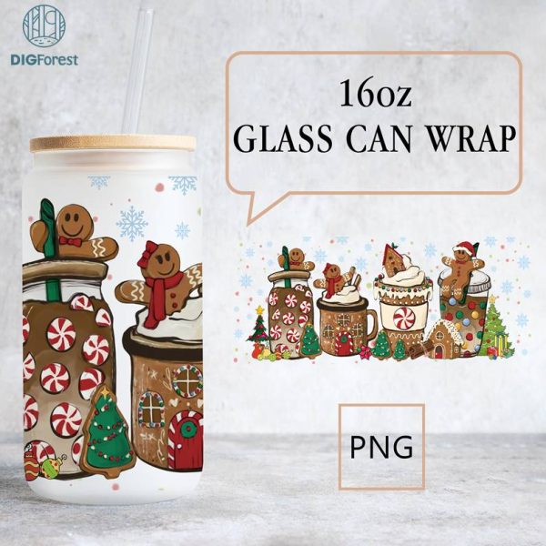Gingerbread Christmas 16 oz Libbey Glass Can Wrap Png, 16oz Glass Can Sublimation Png, Christmas Coffee Latte Png, Christmas Xmas Gift