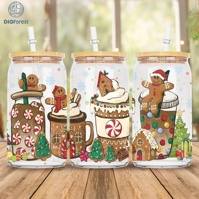 Gingerbread Christmas 16 oz Libbey Glass Can Wrap Png, 16oz Glass Can Sublimation Png, Christmas Coffee Latte Png, Christmas Xmas Gift