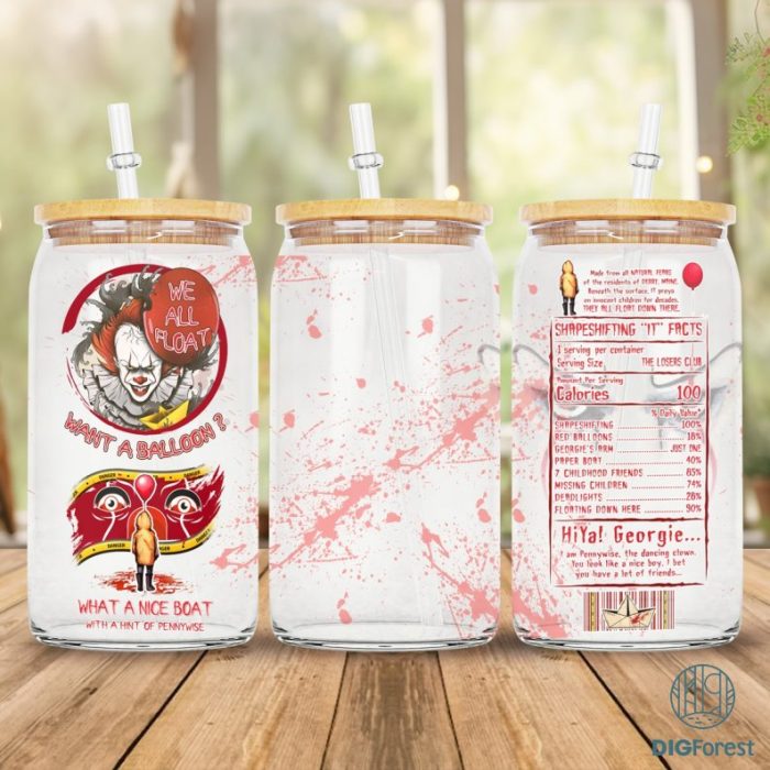 Pennywise Glass Can Wrap Png, Horror Movie Characters 16oz Libbey Glass Can Wrap, Horror Friends Png, IT Movie, Pennywise Nutrition Facts