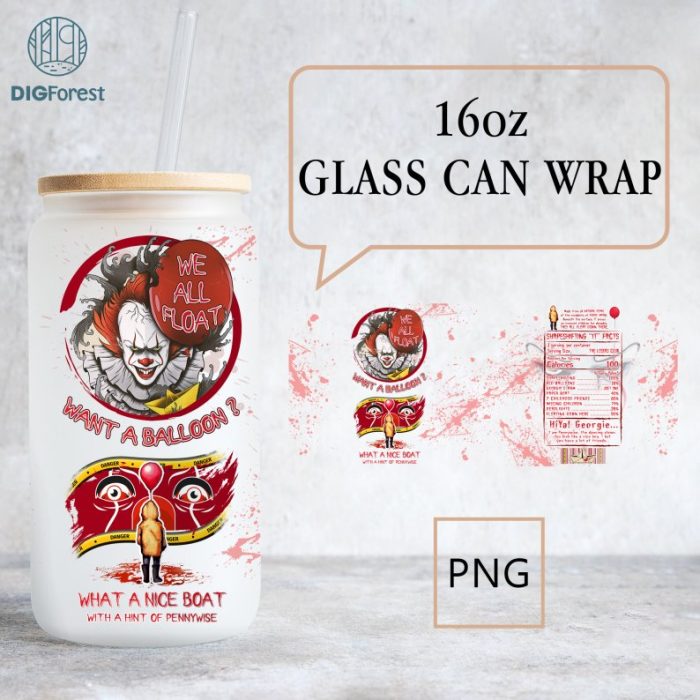 Pennywise Glass Can Wrap Png, Horror Movie Characters 16oz Libbey Glass Can Wrap, Horror Friends Png, IT Movie, Pennywise Nutrition Facts