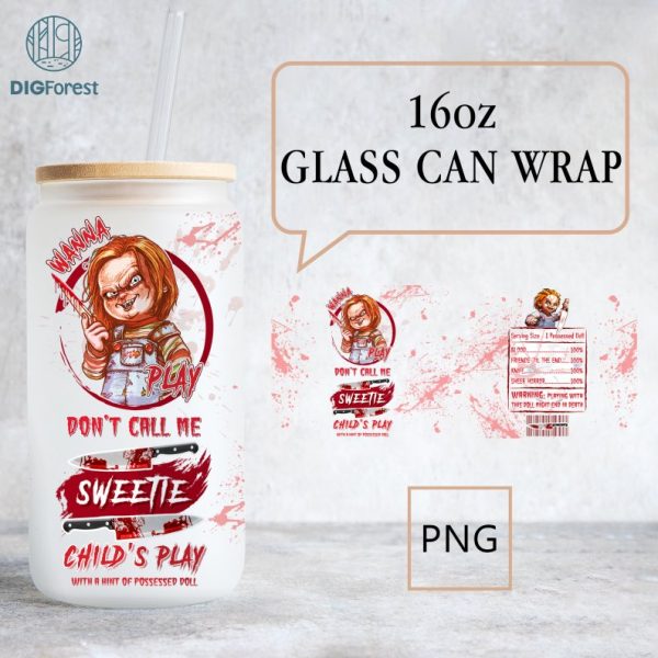 Chucky Glass Can Wrap Png, Horror Movie Characters 16oz Libbey Glass Can Wrap, Horror Friends Coffee Tumbler Wrap Chucky Nutrition Facts Png