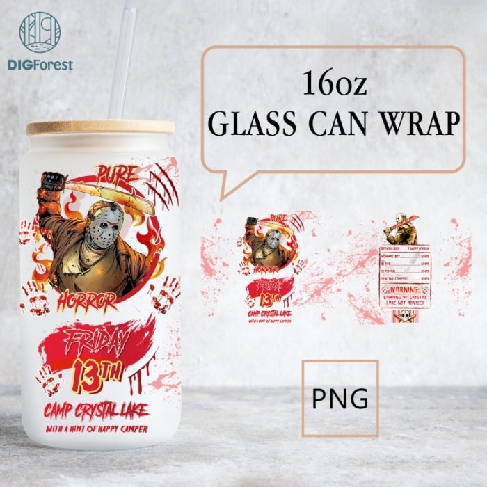 Jason Voorhees 16oz Libbey Can Glass PNG | Scary Movie Full Glass Can Wraps | Halloween PNG | Nutrition Facts Png Jason Voorhees Coffee Wrap