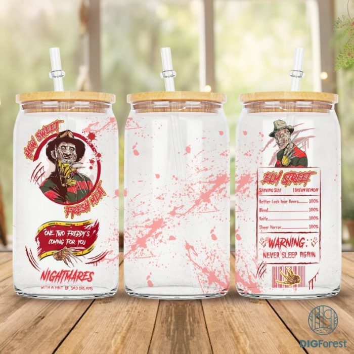 Freddy Krueger Horror Movie Glass Can Wrap | Halloween 16oz Libbey Can Glass | Nutrition Facts Png | Libby Glass Wrap | Halloween Libbey Can