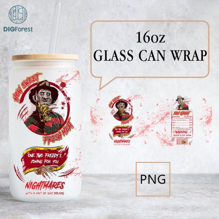 Freddy Krueger Horror Movie Glass Can Wrap | Halloween 16oz Libbey Can Glass | Nutrition Facts Png | Libby Glass Wrap | Halloween Libbey Can