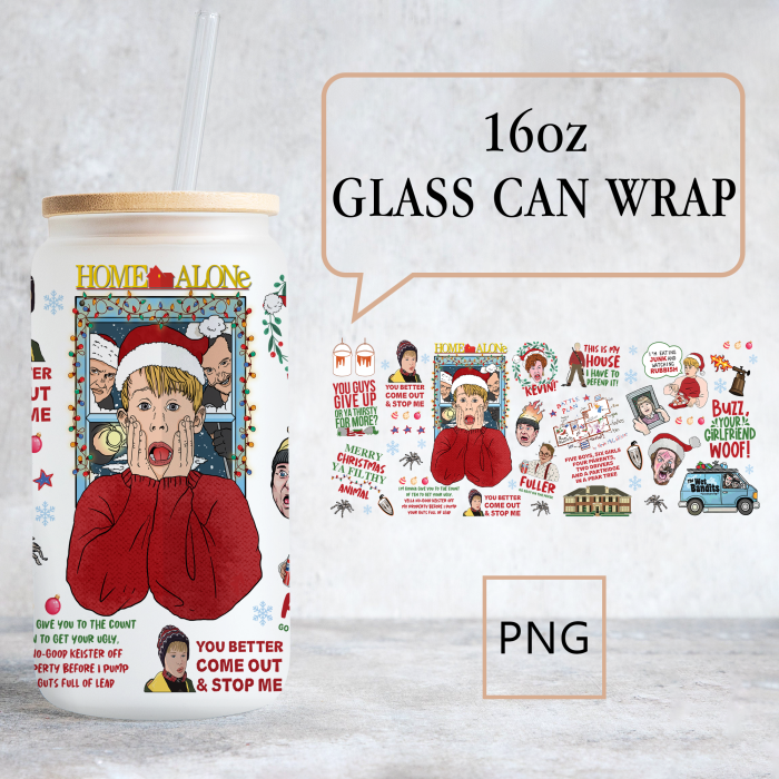 Kevin Home Alone 16 oz Libbey Glass Can Coffee Glass Wrap Png, 16oz Glass Can Sublimation Png, Home Alone Christmas Coffee Tumbler Design