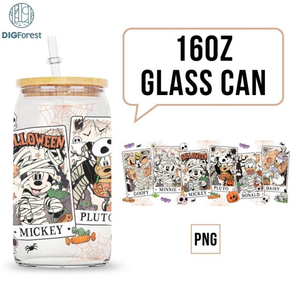 Mickey and Friends Tarot Card Halloween Glass Can Png 16oz Libbey Glass Can Wrap, Disneyland Halloween Coffee Cup Halloween Tumbler Wrap PNG
