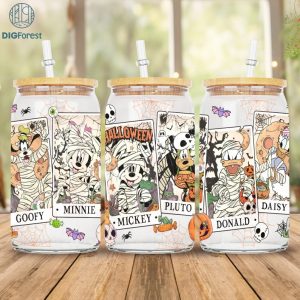 Mickey and Friends Tarot Card Halloween Glass Can Png 16oz Libbey Glass Can Wrap, Disneyland Halloween Coffee Cup Halloween Tumbler Wrap PNG