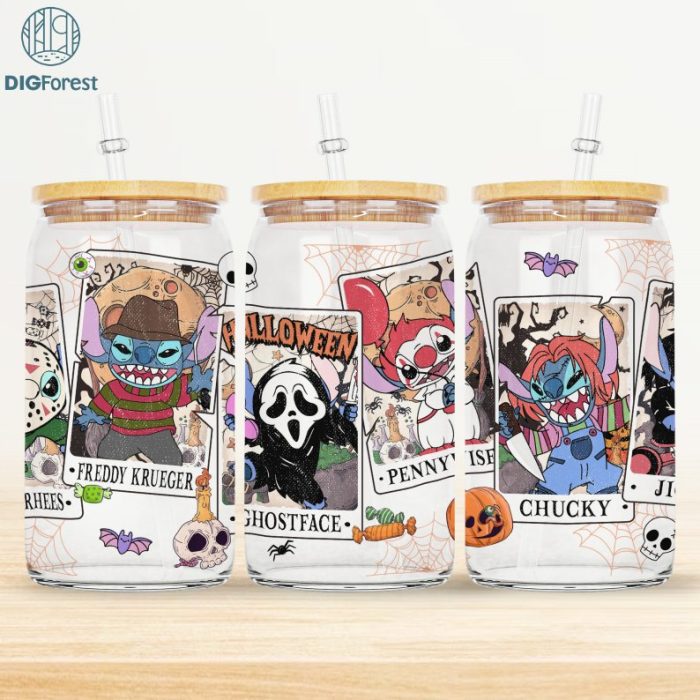 Disney Stitch Horror png, Horror characters 16oz Libbey can Glass, Halloween Horror characters full glass can wrap, Stitch Halloween Glass can Png