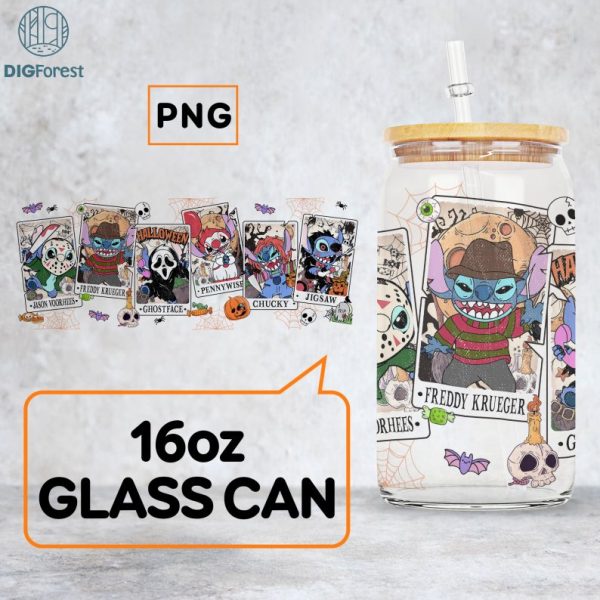 Disney Stitch Horror png, Horror characters 16oz Libbey can Glass, Halloween Horror characters full glass can wrap, Stitch Halloween Glass can Png