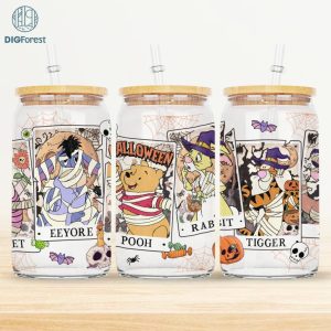 Disney Winnie the Pooh Halloween Tarrot Card Coffee Glass Wrap Png, 16oz Libbey Glass Can Png, Pooh Bear Halloween Tarrot Card Png Sublimation