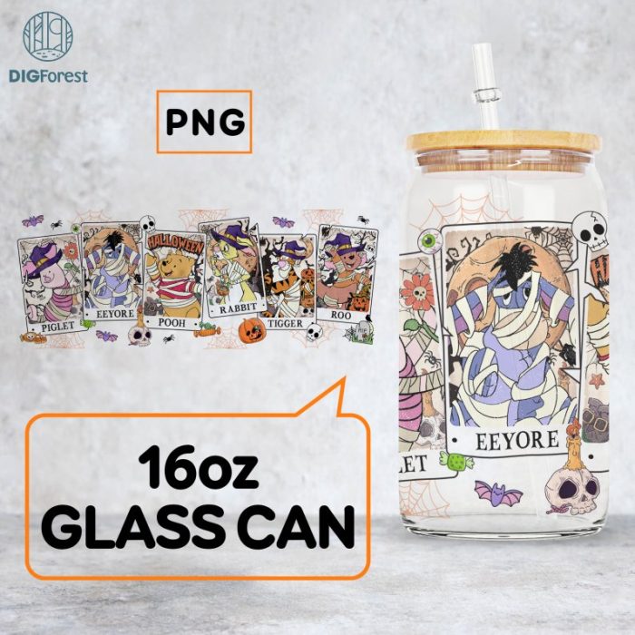 Disney Winnie the Pooh Halloween Tarrot Card Coffee Glass Wrap Png, 16oz Libbey Glass Can Png, Pooh Bear Halloween Tarrot Card Png Sublimation