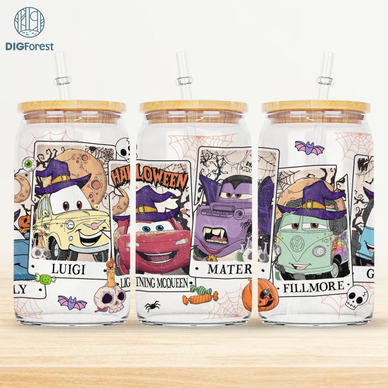 Disney Cars Halloween Tarrot Card Coffee Glass Wrap Png, 16oz Libbey Glass Can Png, Cars Lightning Mcqueen Halloween Tarrot Card Png Sublimation