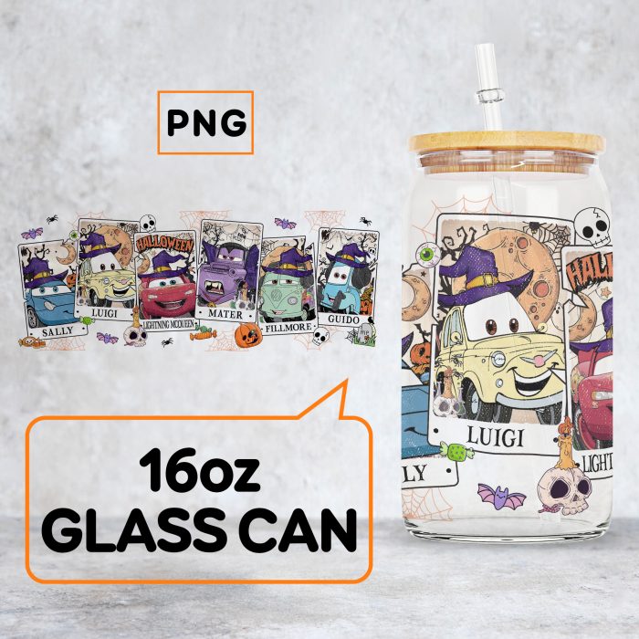 Disney Cars Halloween Tarrot Card Coffee Glass Wrap Png, 16oz Libbey Glass Can Png, Cars Lightning Mcqueen Halloween Tarrot Card Png Sublimation