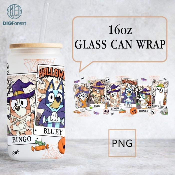 Bluey Tarot Card Halloween Glass Can Wrap Png | 16oz Libbey Glass Can Wrap | Bluey Family Glass Can Png | Sublimation Png File