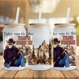 Jason Voorhees Take 'Em To The Train Station, 16oz Libbey Glass Can Wrap, Horror Character Can Wrap PNG, Halloween, Jason, Digital Download