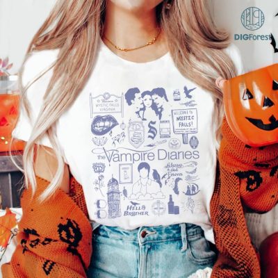 Vintage Vampire Diaries Png, Vampire Diaries Horror Movie Shirt, Vampire Diaries Doodle Art Design, Damon Salvatore Elena Gilbert, Digital Download