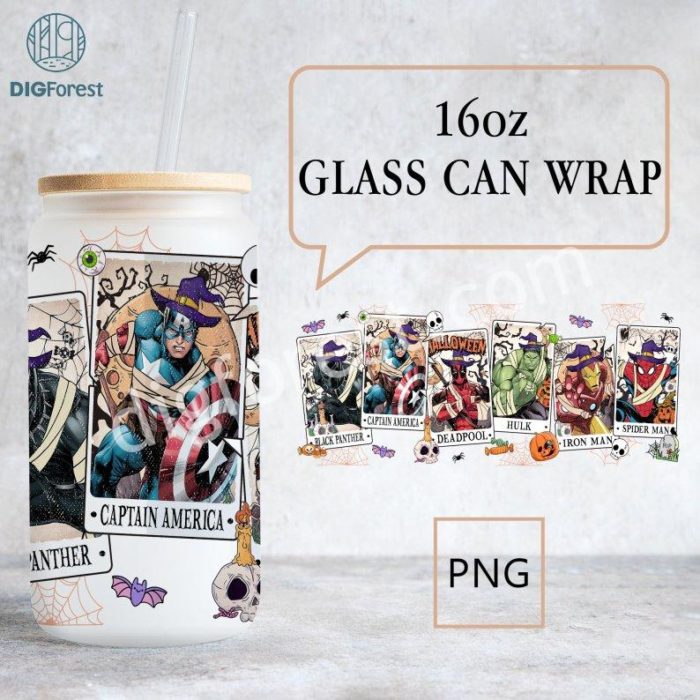 Avengers Tarot Card Halloween Glass Wrap 16Oz | Superhero Halloween Glass Can 16Oz | Cartoon Wrap | 16Oz Can Glass | Superheroes Png Wrap