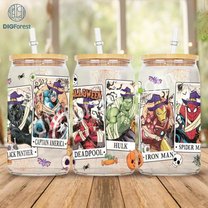 Avengers Tarot Card Halloween Glass Wrap 16Oz | Superhero Halloween Glass Can 16Oz | Cartoon Wrap | 16Oz Can Glass | Superheroes Png Wrap