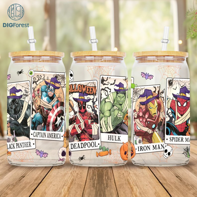 Avengers Tarot Card Halloween Glass Wrap 16Oz | Superhero Halloween Glass Can 16Oz | Cartoon Wrap | 16Oz Can Glass | Superheroes Png Wrap
