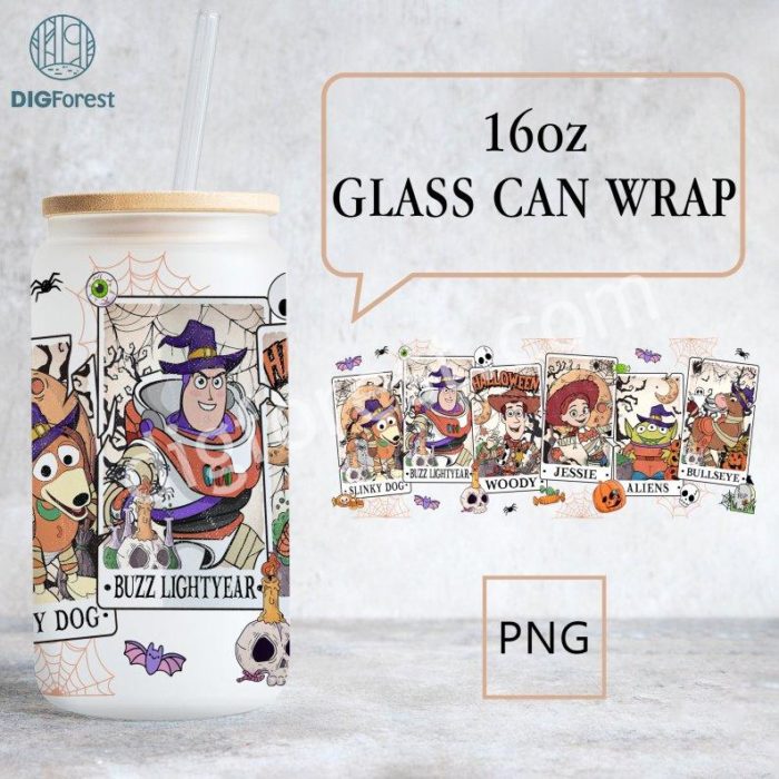 Disney Toy Story Tarot Card Halloween Glass Can | Toy Story Scary Characters | 16Oz Libbey Glass Can Wrap | Spooky Halloween Trick Treat Wrap Png