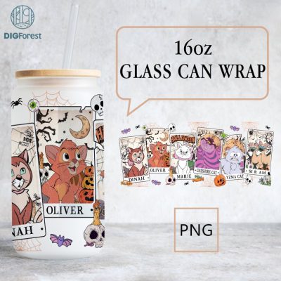 Disneyland Cat Tarot Card Halloween 16Oz Can Glass Png | Disney Figaro Cat | Marie Cat | Disneyland Halloween | Spooky Halloween Tumbler Wrap