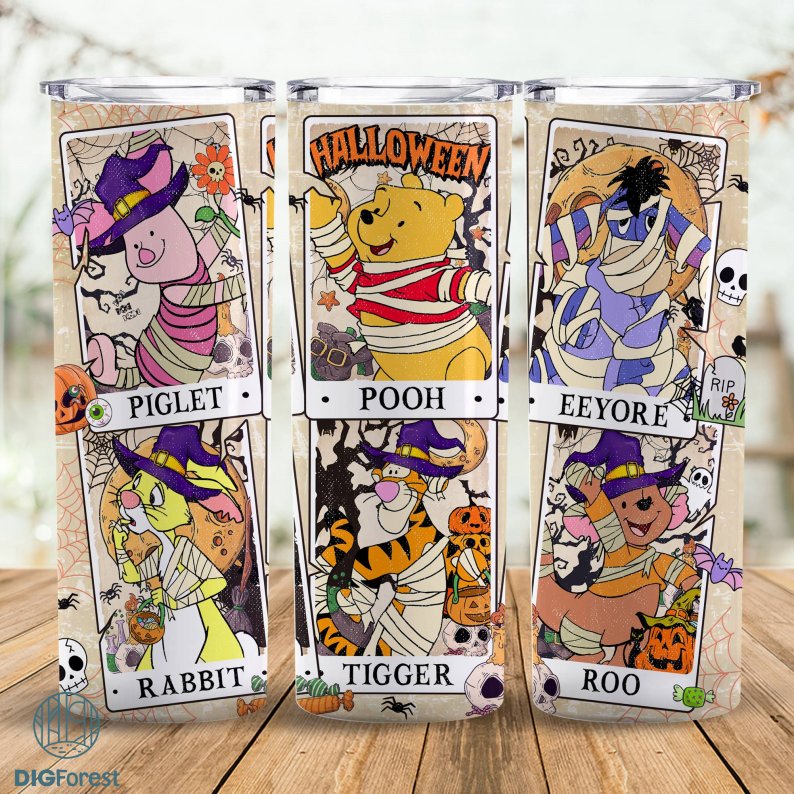 Disney 20oz Skinny Tumbler Wrap, Instant Download, Pooh and Friends Tarot Card PNG Tumbler Wrap, Retro Halloween Sublimation