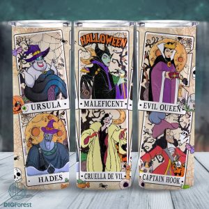 Disney Halloween Villains Characters Tarot Cards 20Oz Thin Straight Tumbler Wrap | Villains Halloween 16oz Tumbler Png | Spooky Season Png