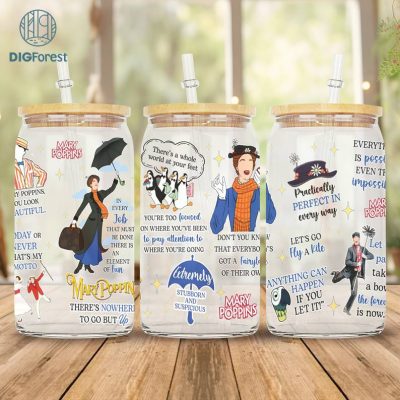 Mary Poppins Libbey Can Glass Wrap Png 16Oz | Practically Perfect Libbey Glass Png | Umbrella Poppins | What'S Poppins Wrap Png