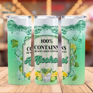 100% Contains Alcohol 20 oz Skinny Tumbler Wrap Sublimation Design PNG | Straight and Tapered Tumbler Png | Instant Download | Summer Drink