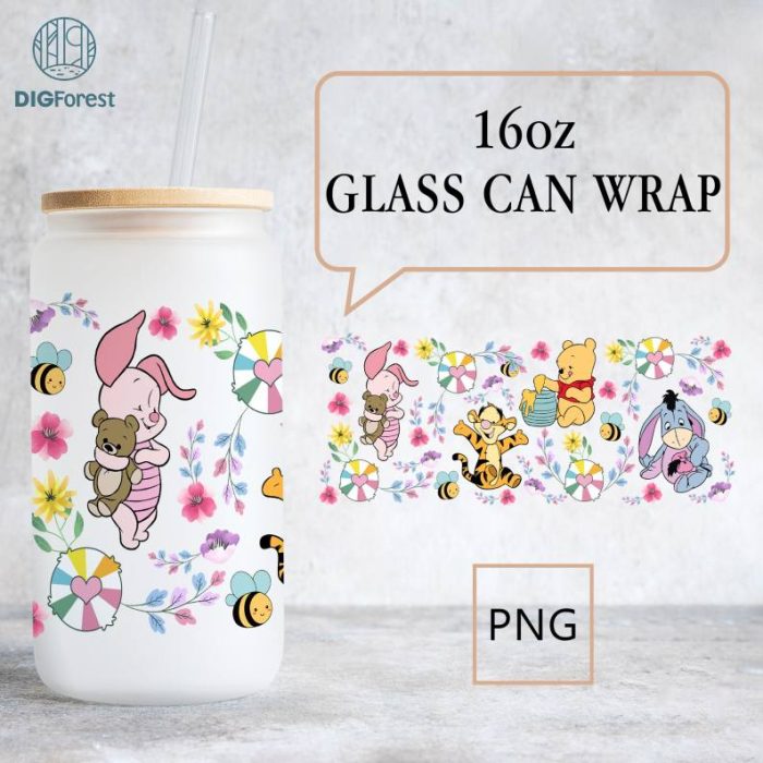 Disney Honey Bear 16oz Libbey Glass Can Wrap Bundle, Coffee Libbey Can PNG Sublimation, Cartoon Tumbler Wrap Template, Printable Design Glass cup