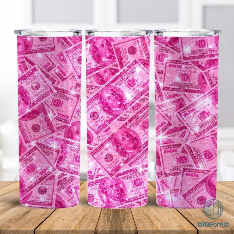 Digital Pink Glitter Dollar Bill 20oz Tumbler Wrap Png, 20oz Straight ...