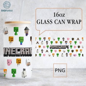 Minecraft Glass Can Wrap Png, 16Oz Glass Can Gaming, Sublimation, Kids, Birthday, Mine Craft, Minecrafters, Gift, Sublimate, Minecraft Game