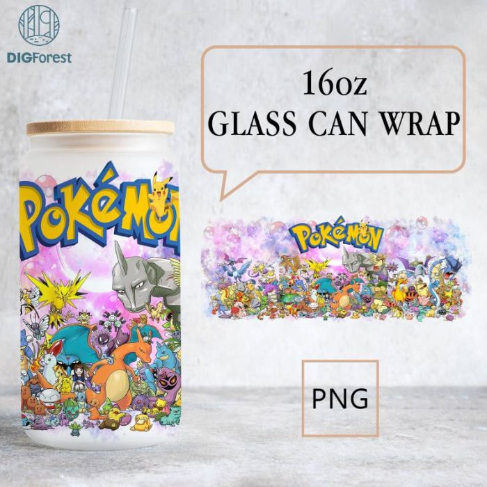 Pokemon Tumbler Wrap, Cartoon Wrap, 16oz Can Glass, Gotta catch ‘em all Can Glass, Poke Glass Can Wrap, Cartoon Libbey Can Glass 16oz Png