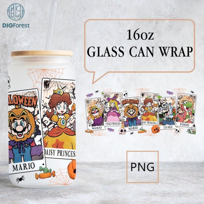 Super Mario Tarot Card 16oz Libbey Glass Can Wrap | Princess Peach Halloween | Mario And Luigi Halloween | Horror Coffee Tumbler Wrap PNG