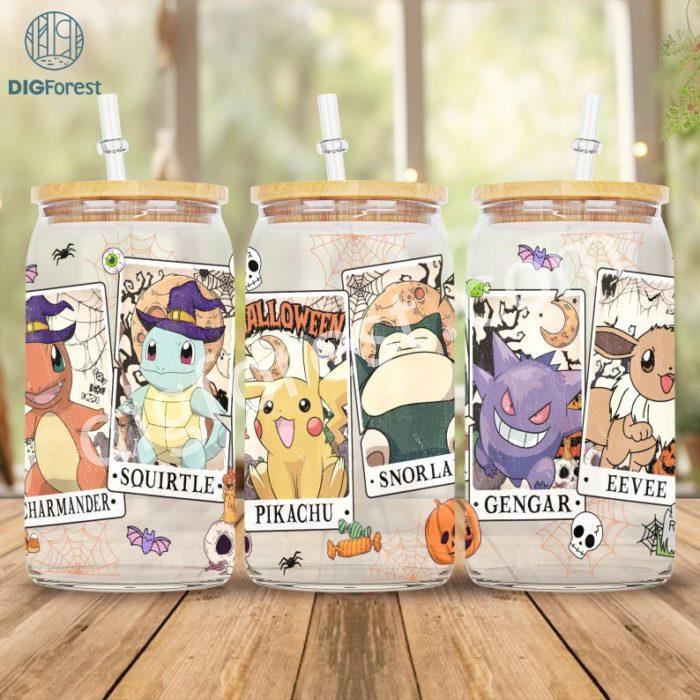 Pokemon Tarrot Card 16oz Libbey Glass Can Wrap | Pikachu Friends Halloween | Bulbasaur Squirtle Halloween | Pokeball Coffee Tumbler Wrap PNG