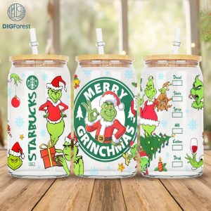 Merry Grinchmas 16oz Libbey Glass Can Wrap Design Sublimation PNG | The Grinch Christmas 2023 | Grinch Coffee Tumbler Wrap PNG
